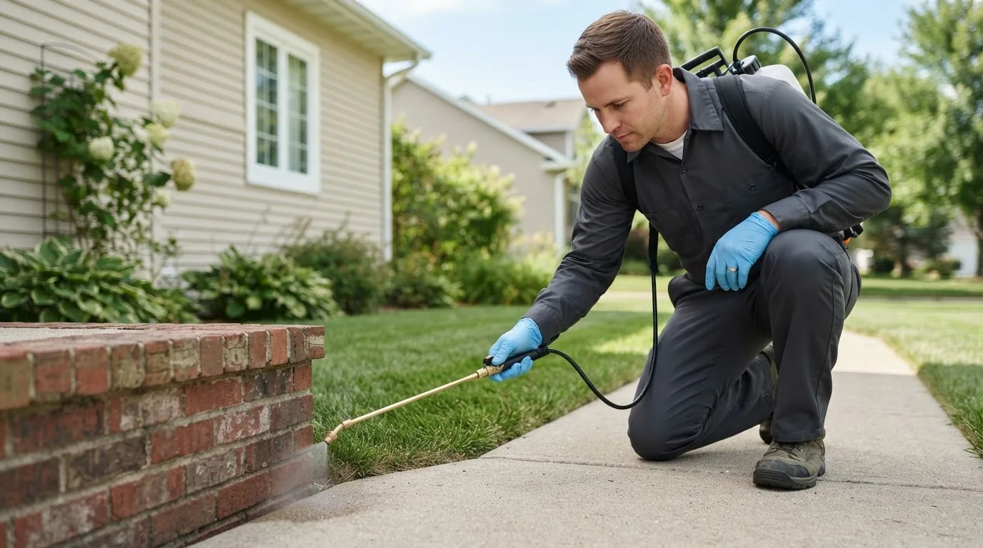 Pest control technician treating a home near Mcclusky, ND